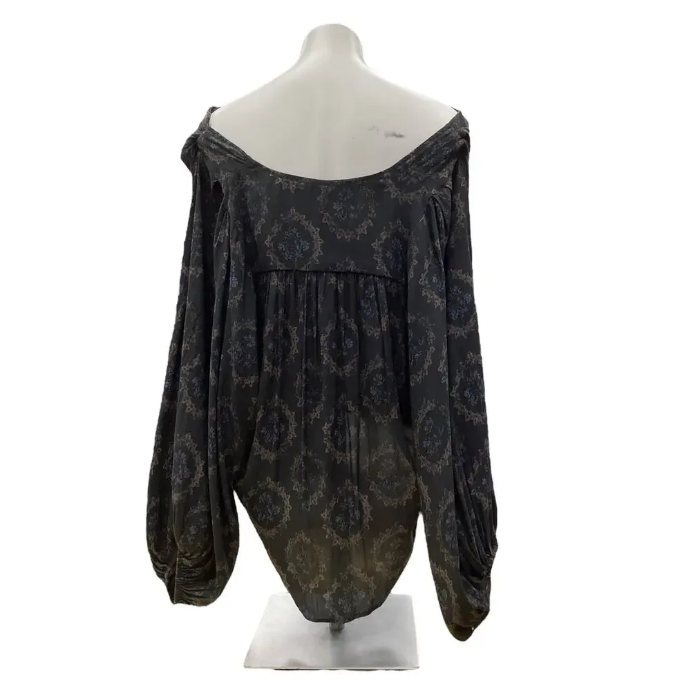 Free People Women’s Blouse Size S/P Polyester High-Low Gray Blue Flowers Print